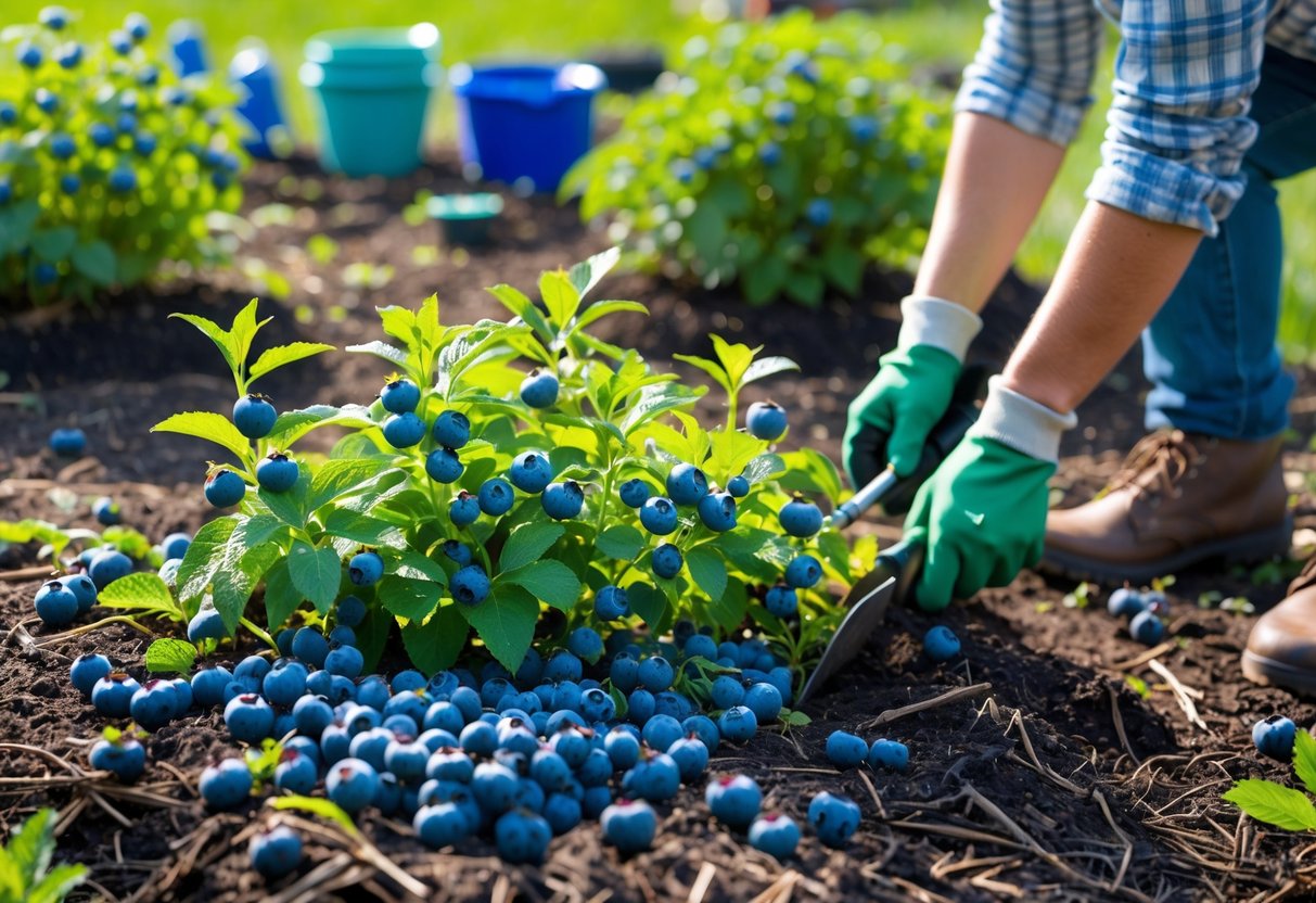 A person planting and caring for blueberry bushes with ripe berries in a sunny garden.