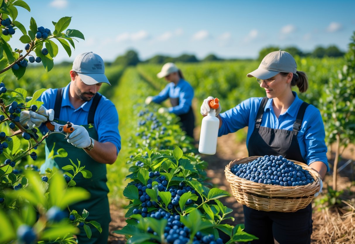 Farmers pruning, inspecting, and harvesting blueberries in a green field with ripe blueberry bushes under a clear sky.