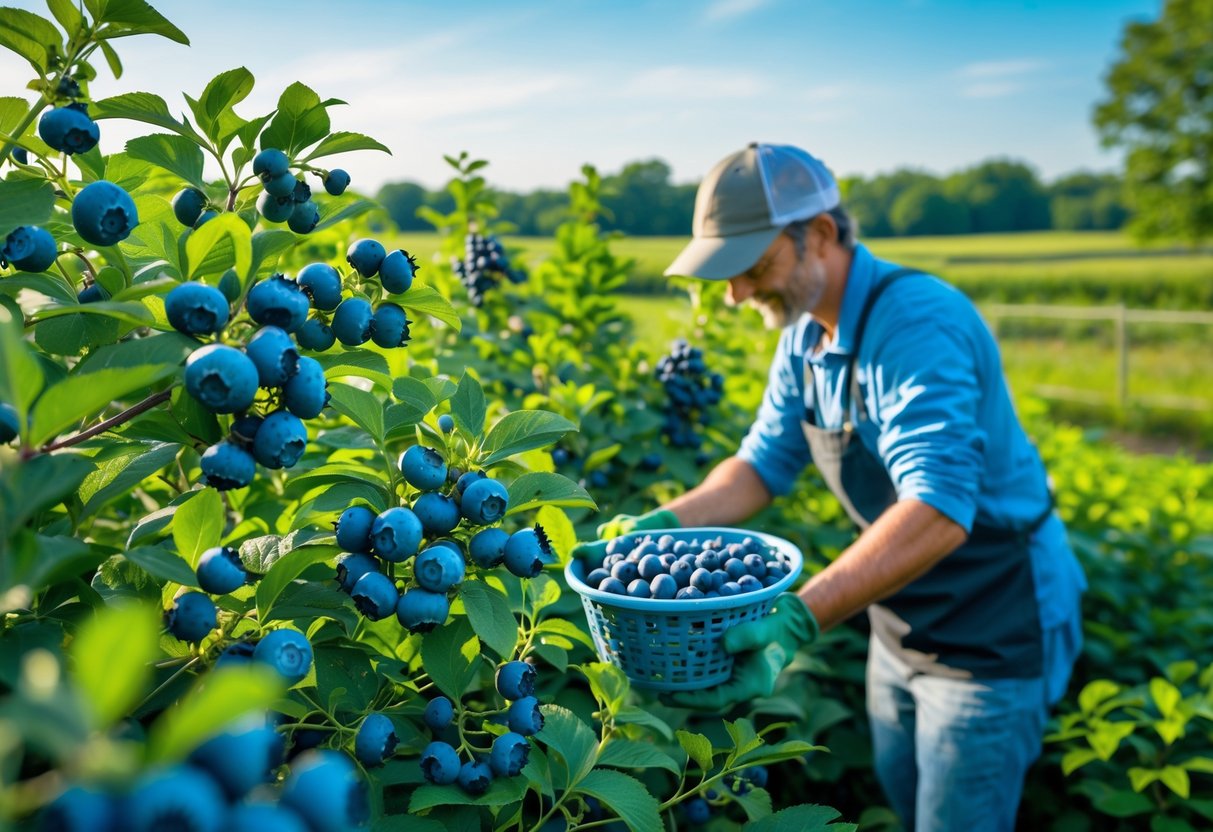 A gardener inspecting ripe blueberries on bushes in a sunny outdoor garden with green fields in the background.
