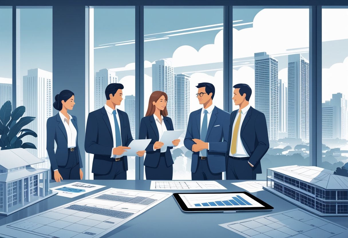 Profissionais discutindo documentos e plantas de imóveis em um escritório moderno com vista para prédios na cidade.