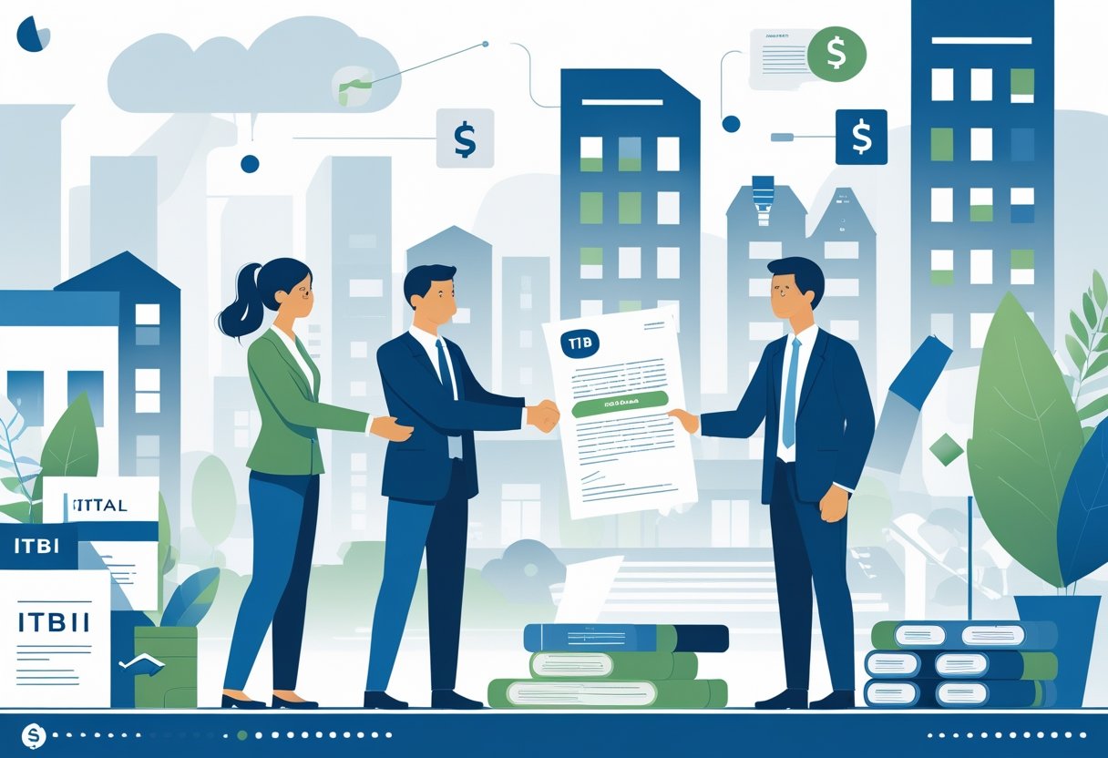 Duas pessoas em um escritório trocando documentos relacionados a imóveis, com prédios ao fundo, simbolizando a relação entre imposto e investimento em capital com imóveis.