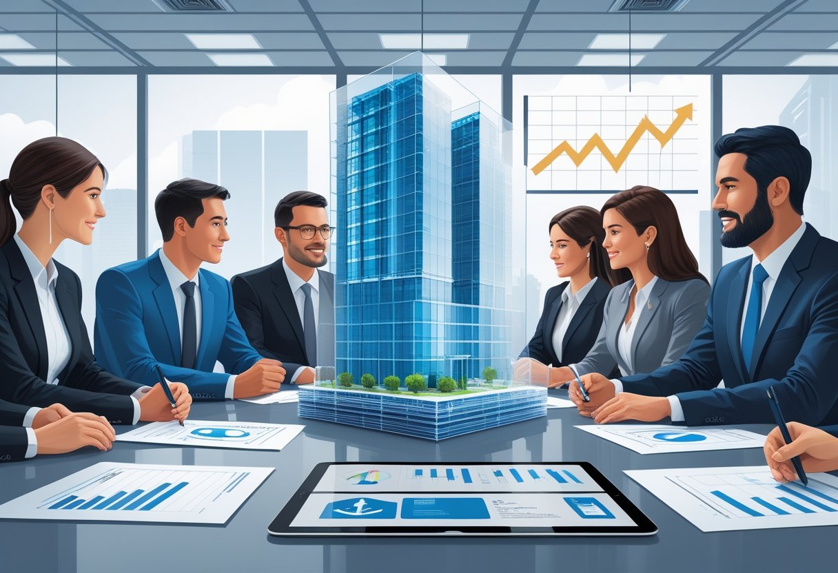 Profissionais em reunião integrando um imóvel ao capital social, com representação visual de imóveis, finanças e símbolos legais.