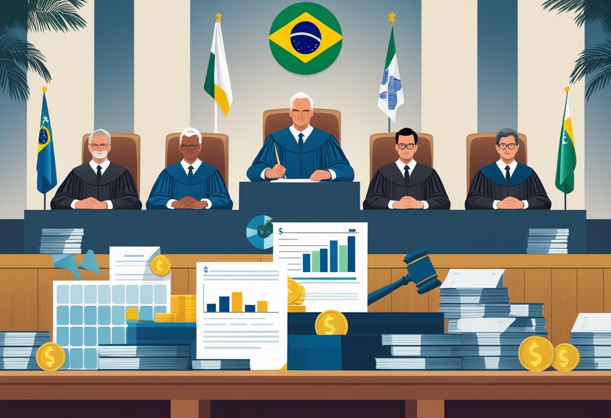 Cena de um tribunal com juízes deliberando, ao lado de representações de imóveis e elementos financeiros, simbolizando julgamento sobre ITBI na integralização de capital.