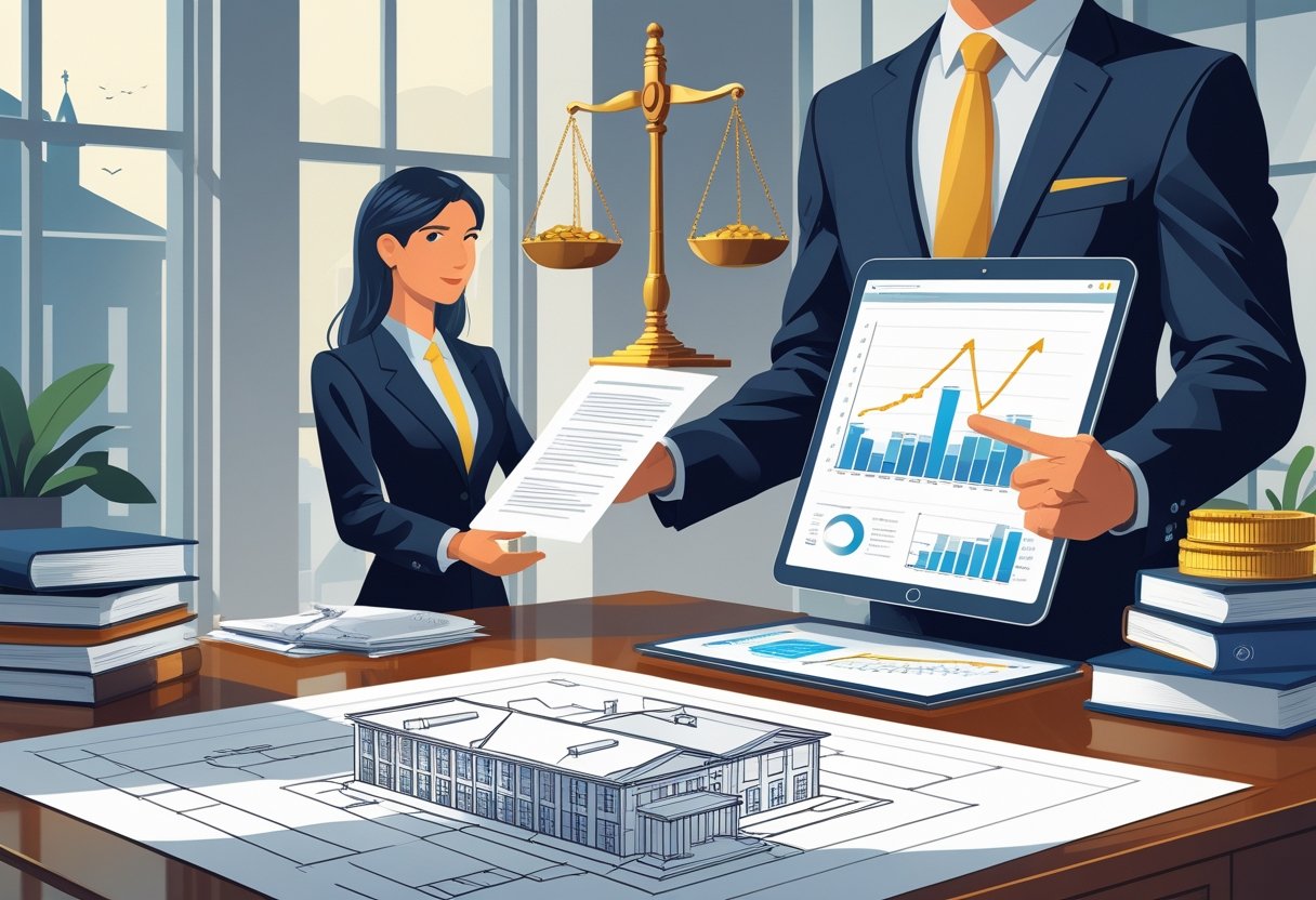 Duas pessoas em um escritório analisando documentos e gráficos, com uma balança de justiça equilibrando uma casa e moedas ao fundo, simbolizando questões legais e financeiras sobre imóveis e impostos.