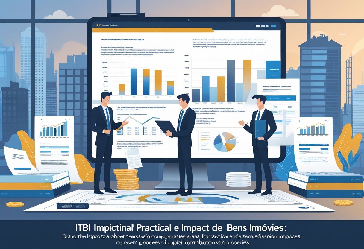 Profissionais em um escritório moderno analisando documentos e gráficos relacionados a imóveis e impostos, com um horizonte urbano ao fundo.
