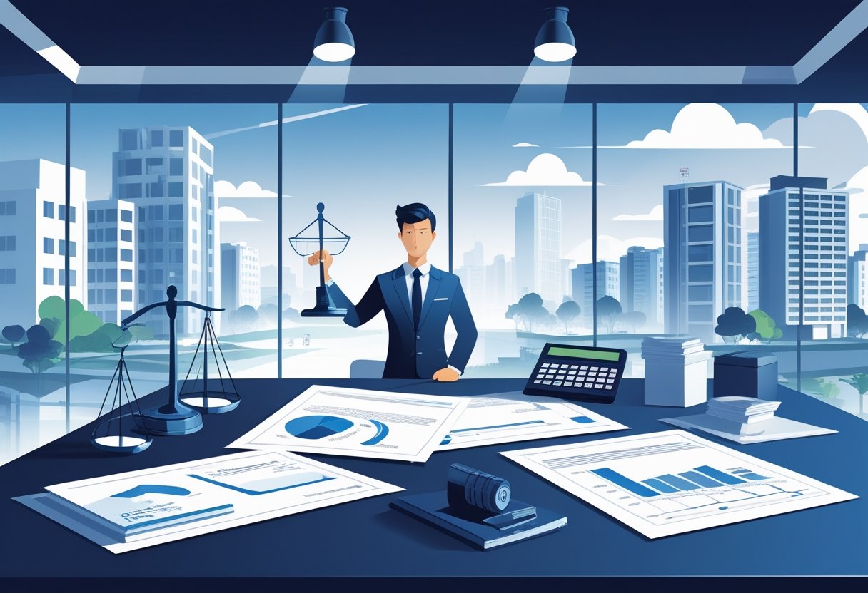 Pessoa em escritório revisando documentos e plantas de imóveis, com elementos que representam justiça e finanças, e uma paisagem urbana ao fundo.