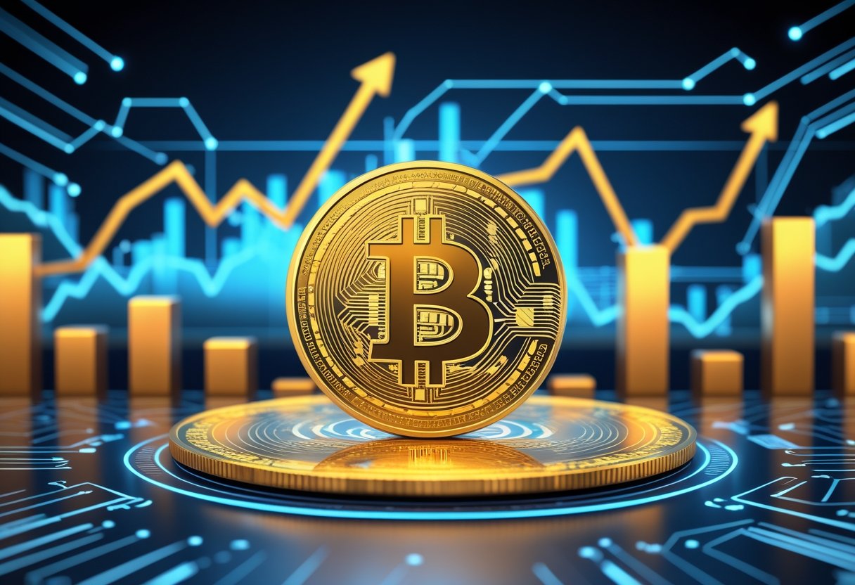 A digital scene showing a large gold Bitcoin coin surrounded by charts and graphs indicating investment growth, with a background of circuit patterns and data streams.