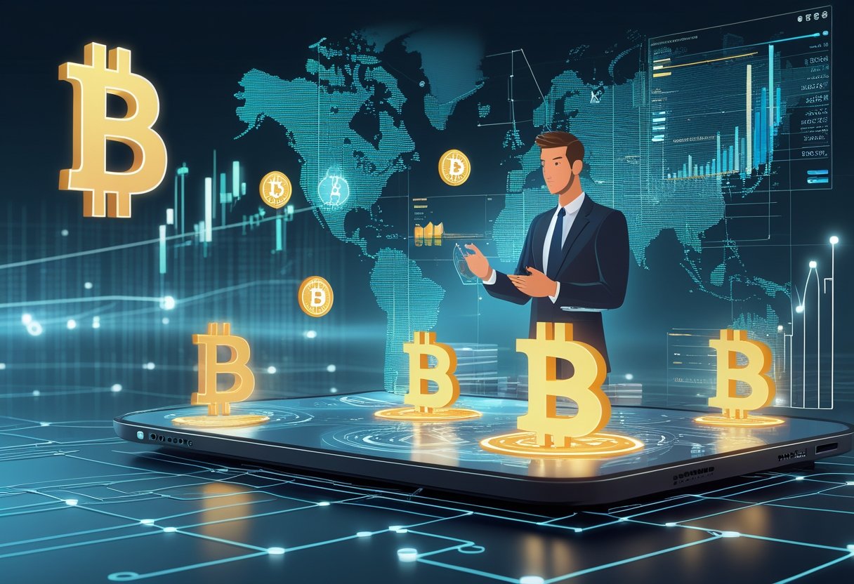 An investor reviewing digital financial charts and cryptocurrency symbols, with a background showing blockchain networks and global connections.