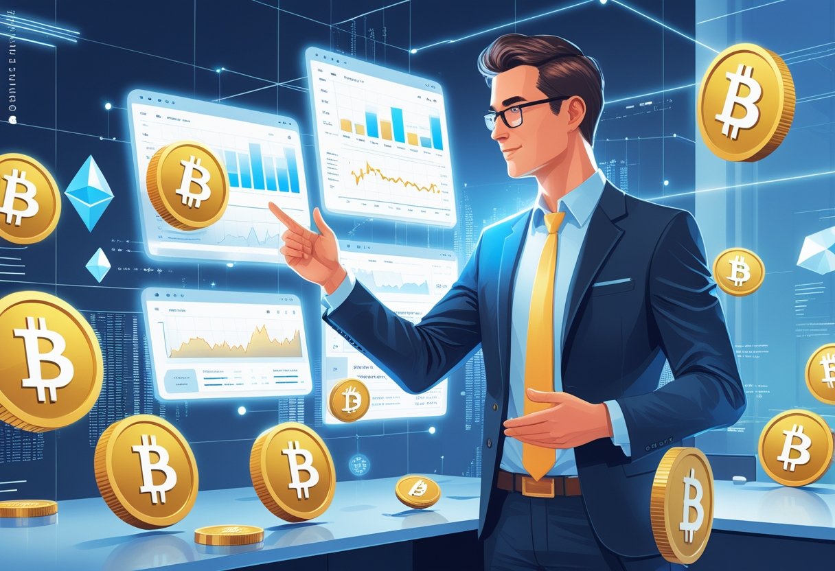 A businessperson analyzing digital cryptocurrency charts with floating bitcoin and other crypto symbols around them in a modern office setting.