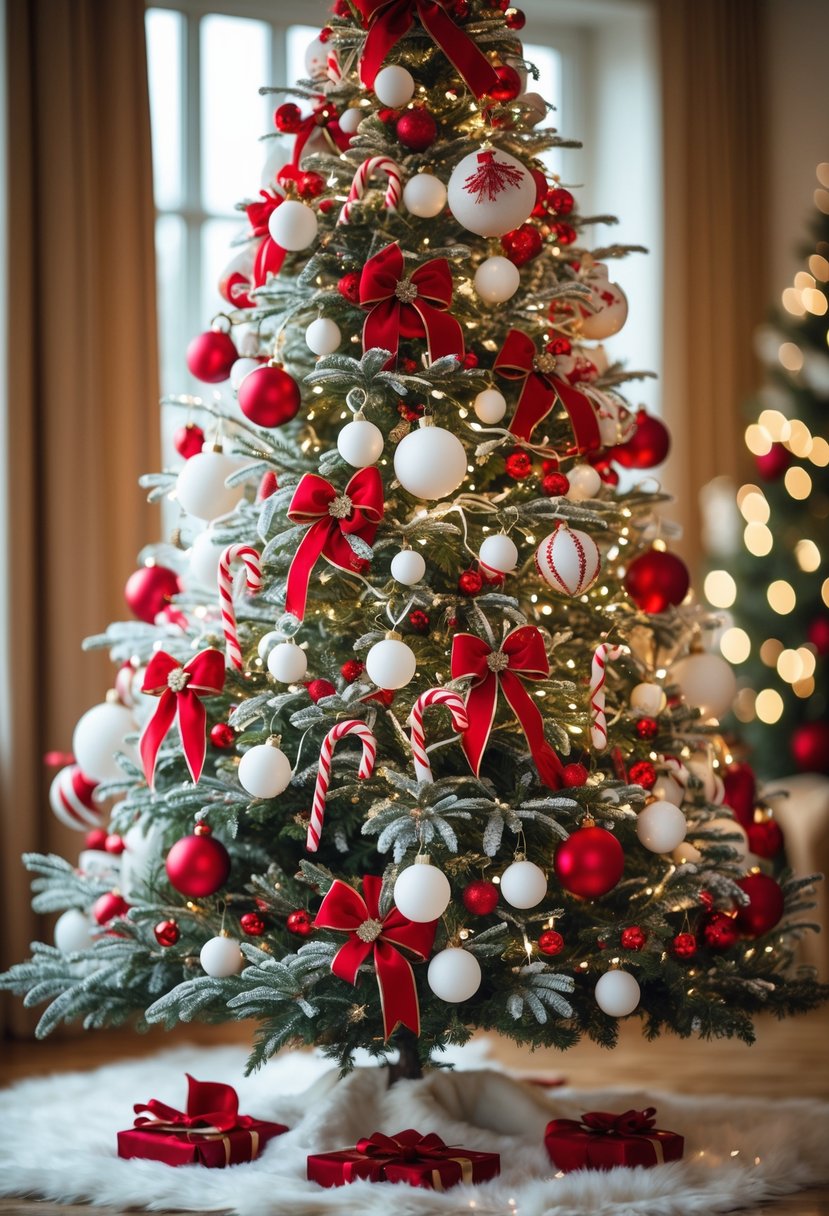 Red and White Christmas Tree 2025: 21 Elegant Ideas for a Festive Holiday Display 2 A decorated Christmas tree with red and white ornaments and lights in a cozy indoor setting.