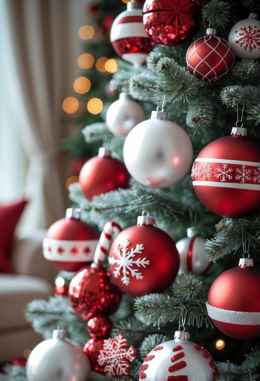 Red and White Christmas Tree 2025: 21 Elegant Ideas for a Festive Holiday Display 3 A Christmas tree decorated with red and white ornaments including baubles and snowflake designs.