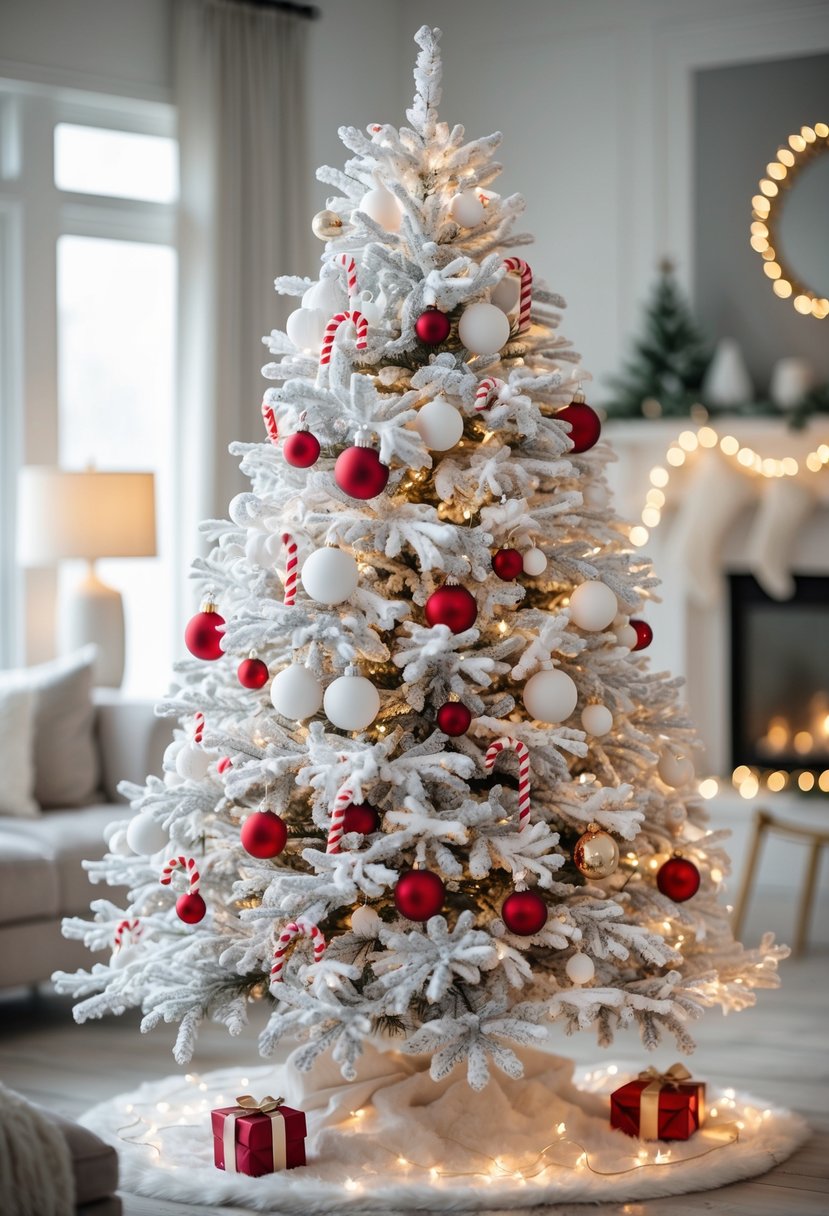Red and White Christmas Tree 2025: 21 Elegant Ideas for a Festive Holiday Display 4 A white Christmas tree decorated with red and white ornaments and lights in a cozy living room.