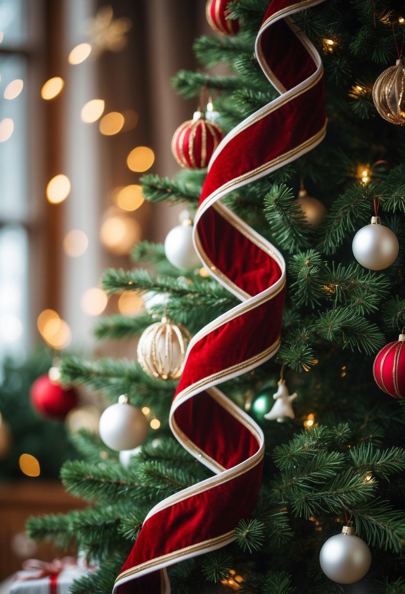 Red and White Christmas Tree 2025: 21 Elegant Ideas for a Festive Holiday Display 5 A Christmas tree decorated with red velvet ribbon garland and white accents.