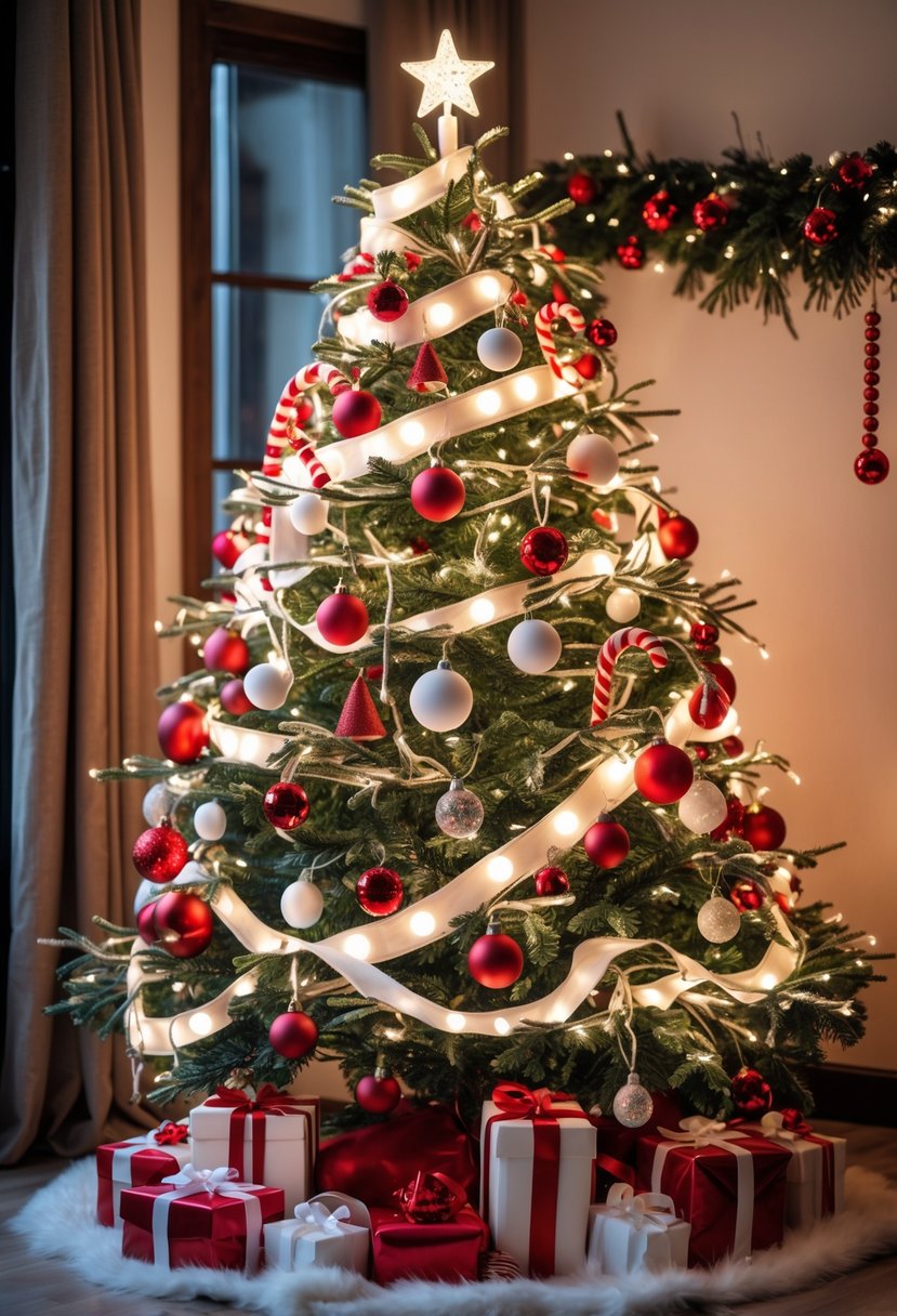 Red and White Christmas Tree 2025: 21 Elegant Ideas for a Festive Holiday Display 6 A Christmas tree decorated with white LED string lights, red and white ornaments.