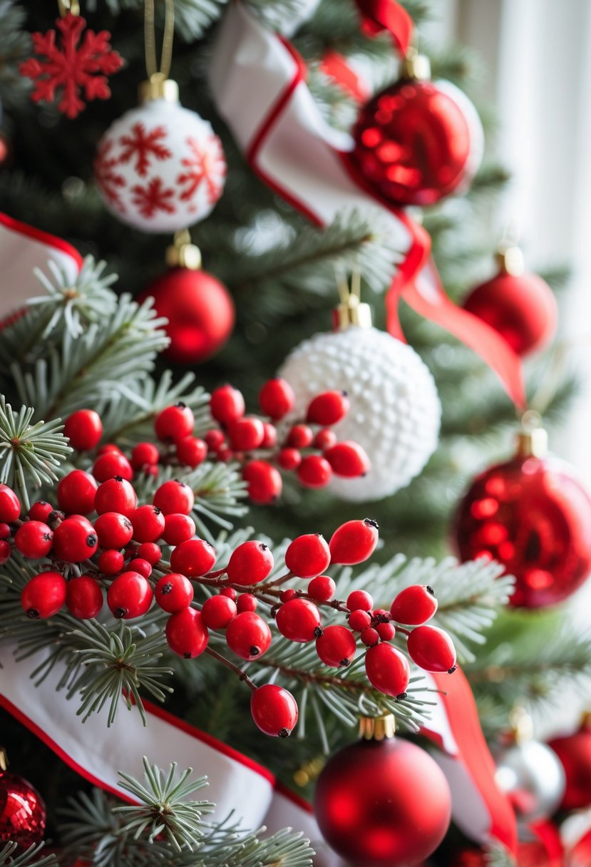 Red and White Christmas Tree 2025: 21 Elegant Ideas for a Festive Holiday Display 7 Close-up of red berry sprigs on a red and white decorated Christmas tree.