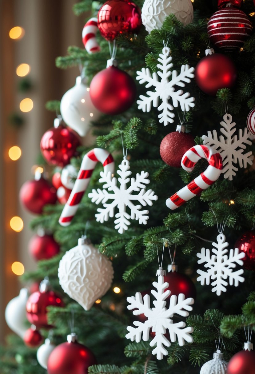 Red and White Christmas Tree 2025: 21 Elegant Ideas for a Festive Holiday Display 8 A Christmas tree decorated with white snowflake ornaments and red and white baubles.