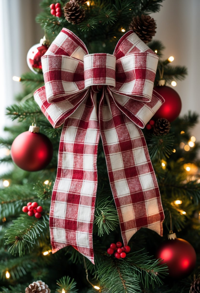 Red and White Christmas Tree 2025: 21 Elegant Ideas for a Festive Holiday Display 9 A decorated Christmas tree with a large red and white plaid bow near the top, surrounded by red and white ornaments and warm white lights.