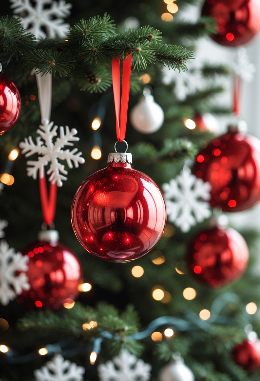 Red and White Christmas Tree 2025: 21 Elegant Ideas for a Festive Holiday Display 10 Close-up of red glass Christmas baubles and white decorations hanging on a green Christmas tree with warm lights.