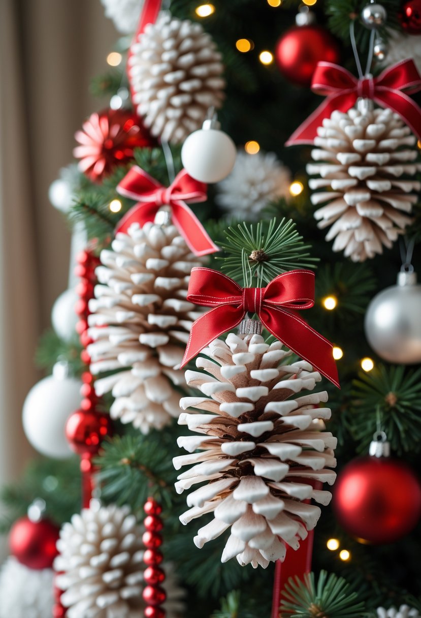 Red and White Christmas Tree 2025: 21 Elegant Ideas for a Festive Holiday Display 11 A Christmas tree decorated with white pinecone ornaments and red and white decorations.
