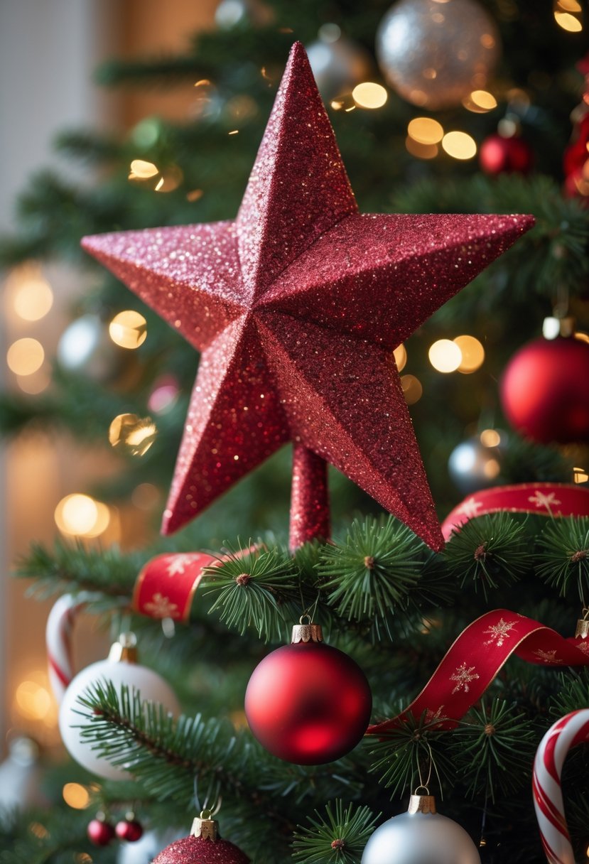 Red and White Christmas Tree 2025: 21 Elegant Ideas for a Festive Holiday Display 13 A Christmas tree decorated with red and white ornaments and a glittery red star on top.