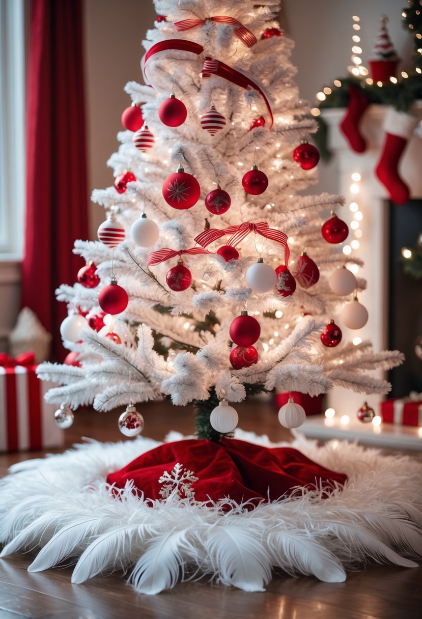 Red and White Christmas Tree 2025: 21 Elegant Ideas for a Festive Holiday Display 14 A red and white decorated Christmas tree with a white feather tree skirt wrapped around its base.
