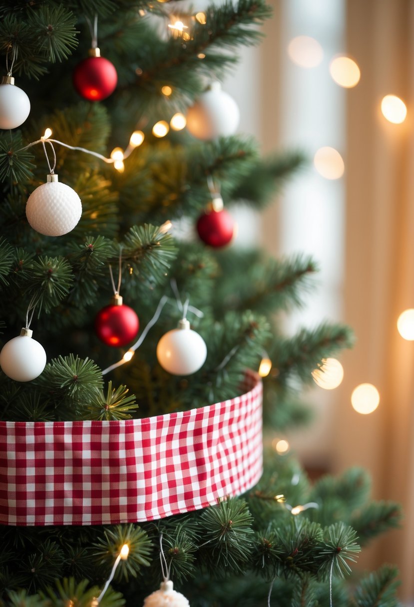 Red and White Christmas Tree 2025: 21 Elegant Ideas for a Festive Holiday Display 15 A decorated Christmas tree with a red and white checkered tree collar at its base.