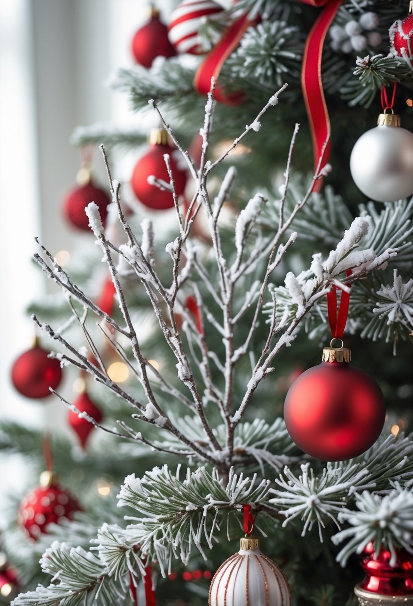 Red and White Christmas Tree 2025: 21 Elegant Ideas for a Festive Holiday Display 16 Close-up of snow-dusted white branches decorated with red and white ornaments on a Christmas tree.