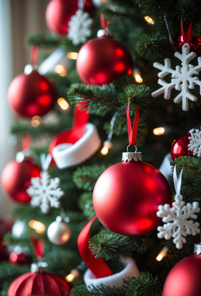 Red and White Christmas Tree 2025: 21 Elegant Ideas for a Festive Holiday Display 17 Close-up of a Christmas tree decorated with red satin ball ornaments and red and white decorations.