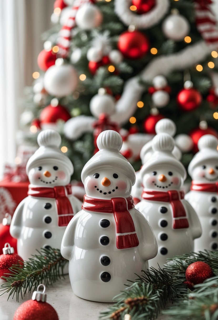 Red and White Christmas Tree 2025: 21 Elegant Ideas for a Festive Holiday Display 18 White ceramic snowmen figurines in front of a red and white decorated Christmas tree.