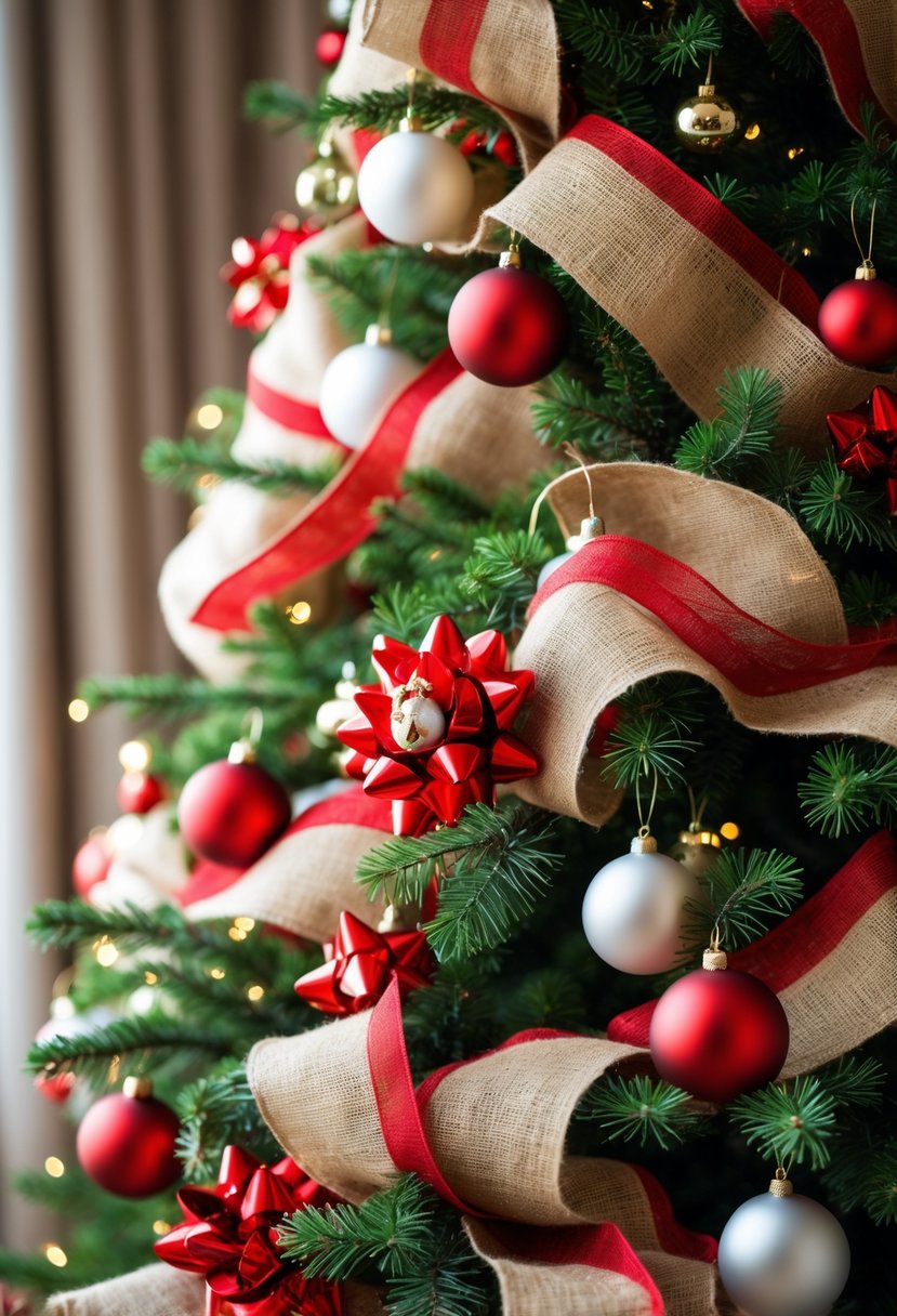 Red and White Christmas Tree 2025: 21 Elegant Ideas for a Festive Holiday Display 19 A decorated Christmas tree with red burlap ribbons and red and white ornaments.