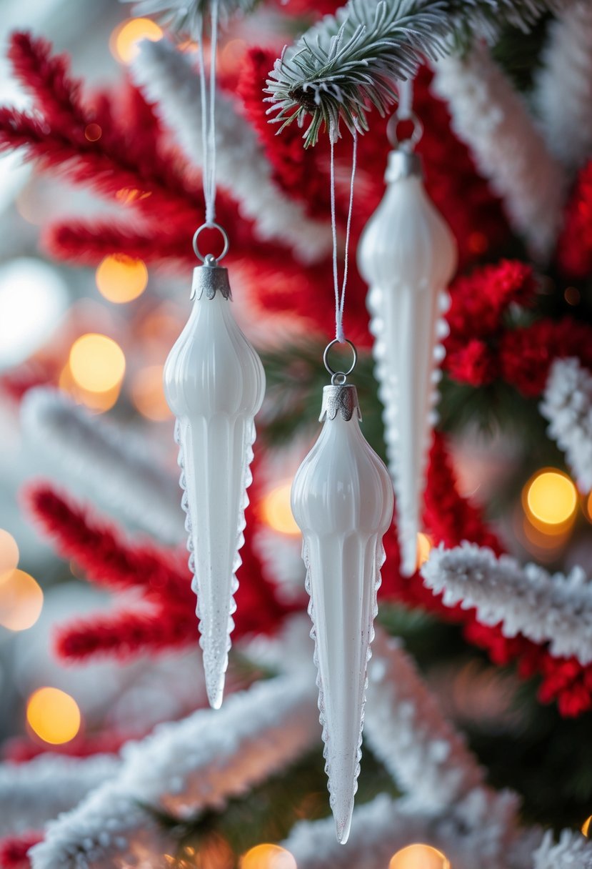 Red and White Christmas Tree 2025: 21 Elegant Ideas for a Festive Holiday Display 20 Close-up of white icicle ornaments hanging on a red and white Christmas tree with warm holiday lights.