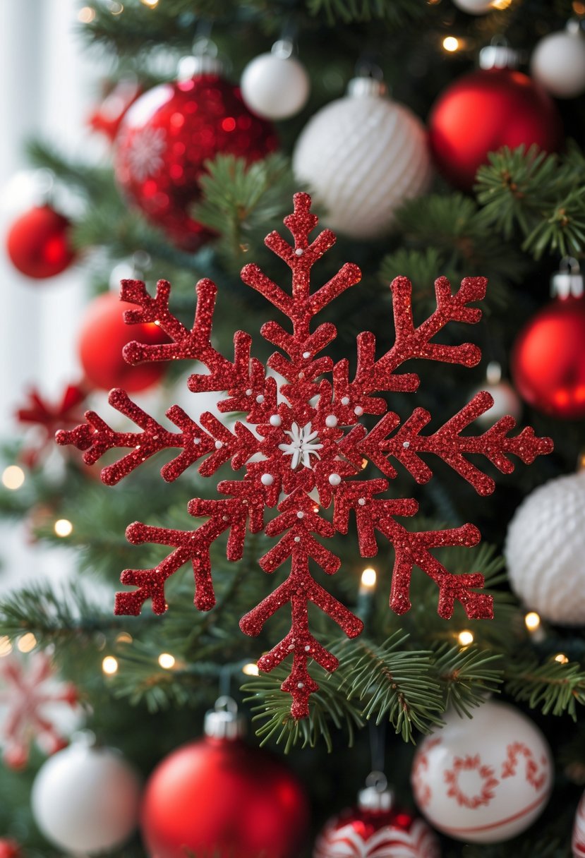 Red and White Christmas Tree 2025: 21 Elegant Ideas for a Festive Holiday Display 21 Close-up of red glitter snowflake decorations on a red and white Christmas tree with lights.