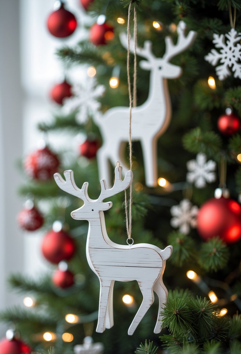 Red and White Christmas Tree 2025: 21 Elegant Ideas for a Festive Holiday Display 22 White wooden reindeer ornaments hanging on a Christmas tree decorated with red and white decorations and lights.