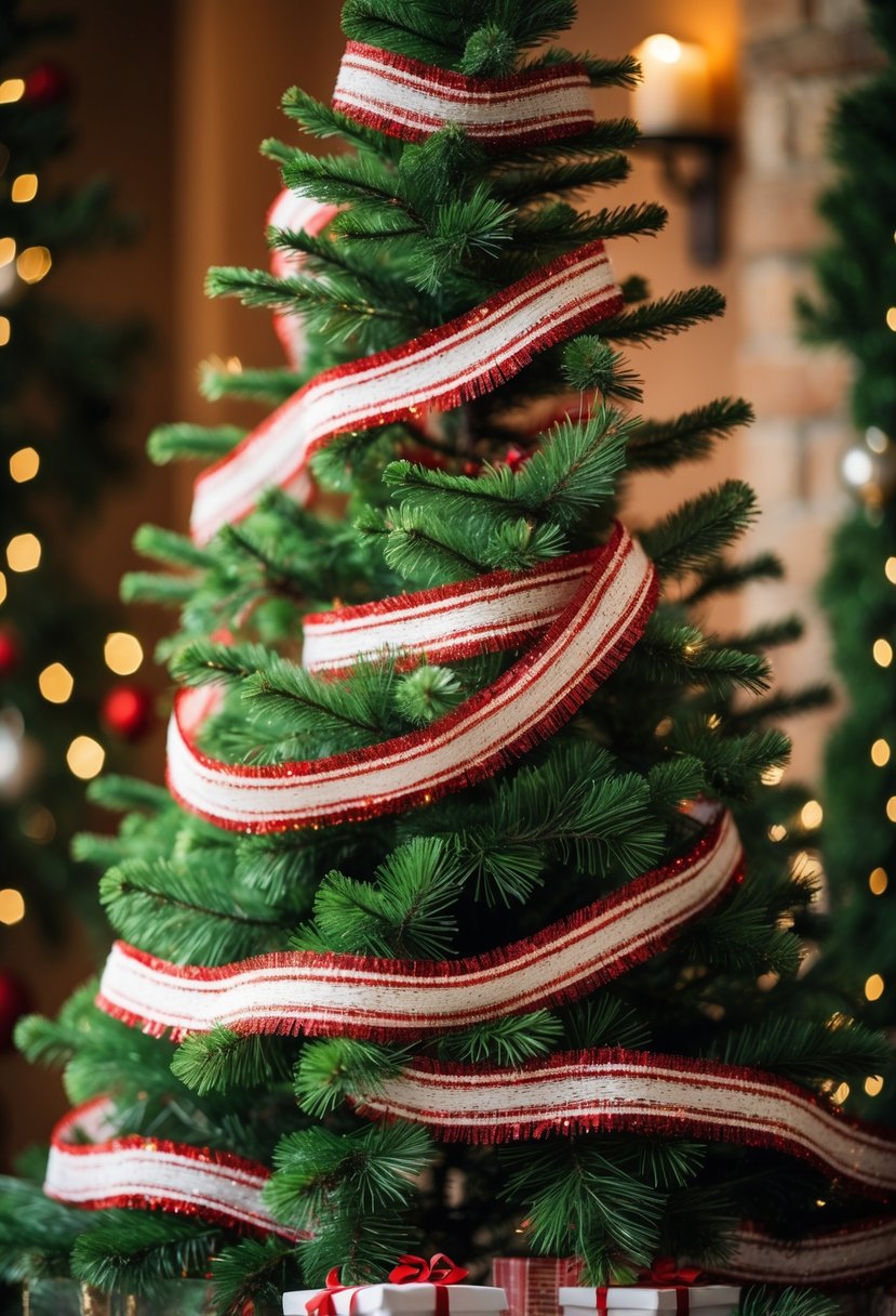 Red and White Christmas Tree 2025: 21 Elegant Ideas for a Festive Holiday Display 23 A Christmas tree decorated with red and white striped tinsel wrapped around its branches.