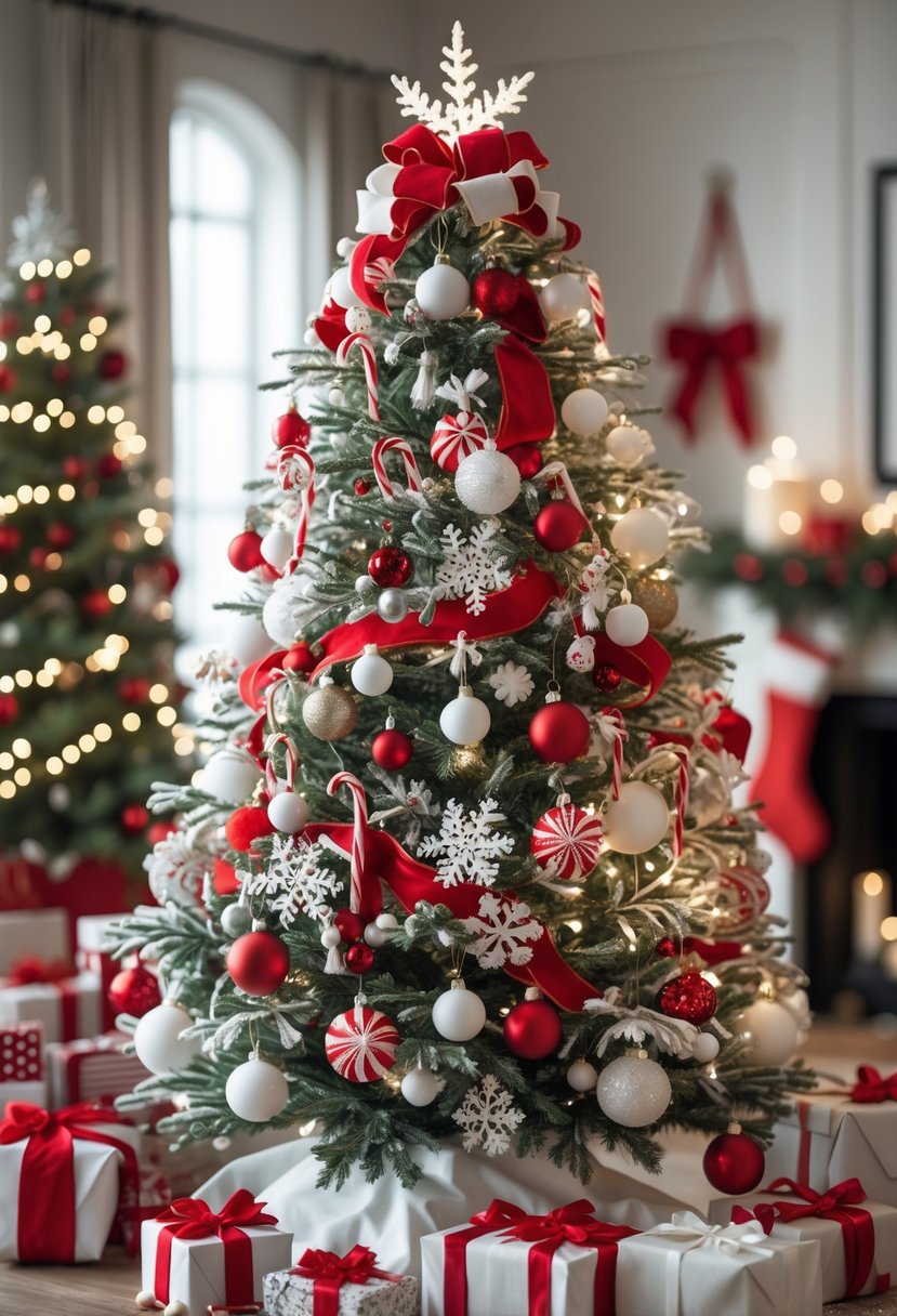 Red and White Christmas Tree 2025: 21 Elegant Ideas for a Festive Holiday Display 24 A decorated Christmas tree with red and white ornaments and lights in a cozy indoor setting.