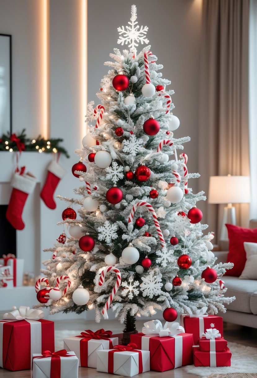 Red and White Christmas Tree 2025: 21 Elegant Ideas for a Festive Holiday Display 25 A decorated Christmas tree with red and white ornaments and warm lights in a cozy living room with wrapped presents and a fireplace.