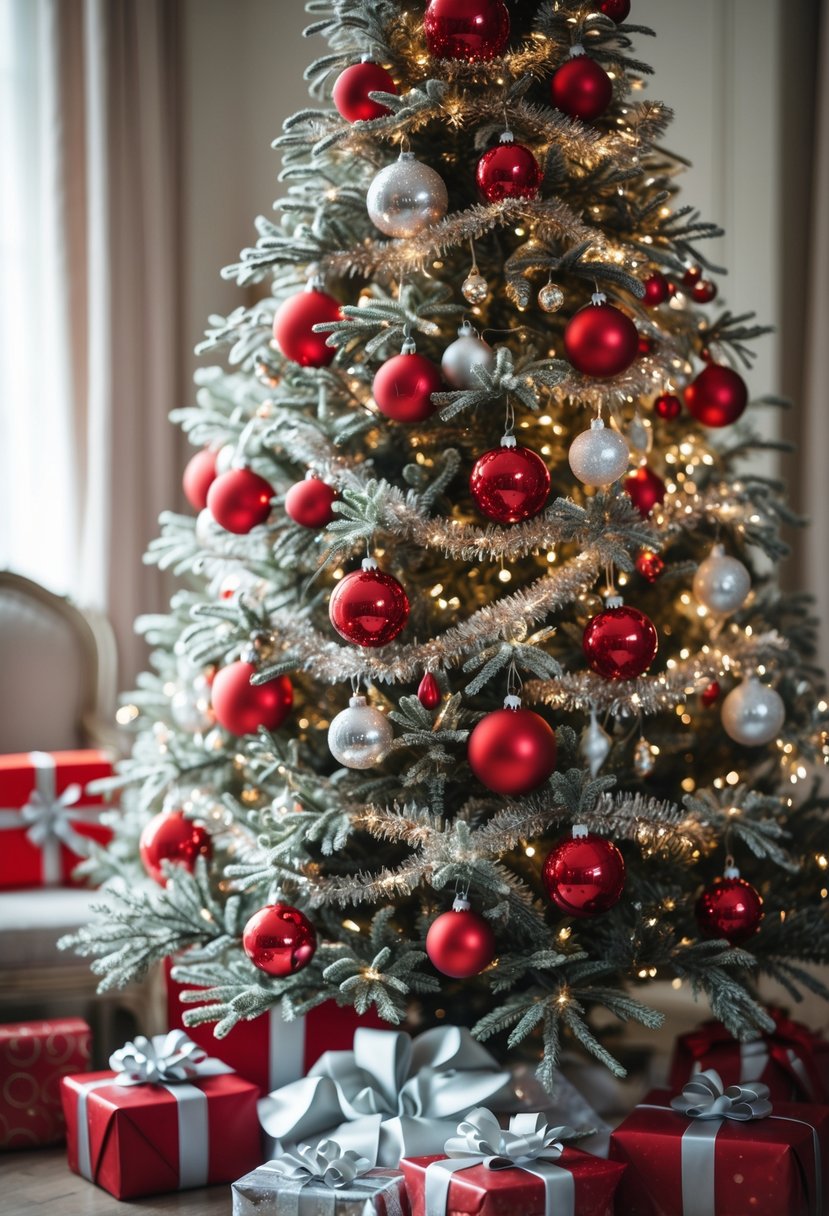 Red And Silver Christmas Tree 2025 Ideas: 22 Elegant Ways To Elevate Your Holiday Décor 2 A decorated Christmas tree with red and silver ornaments and wrapped gifts underneath.