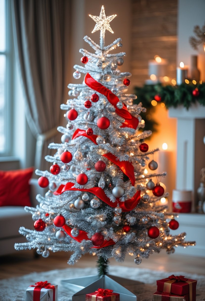 Red And Silver Christmas Tree 2025 Ideas: 22 Elegant Ways To Elevate Your Holiday Décor 5 A silver artificial Christmas tree decorated with red LED lights and red and silver ornaments indoors.