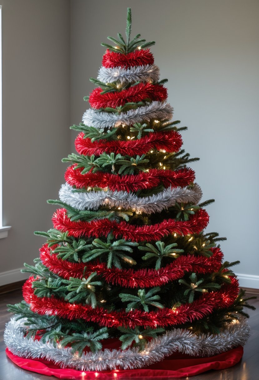 Red And Silver Christmas Tree 2025 Ideas: 22 Elegant Ways To Elevate Your Holiday Décor 6 A pre-lit artificial Christmas tree decorated with red and silver tinsel and warm white lights.