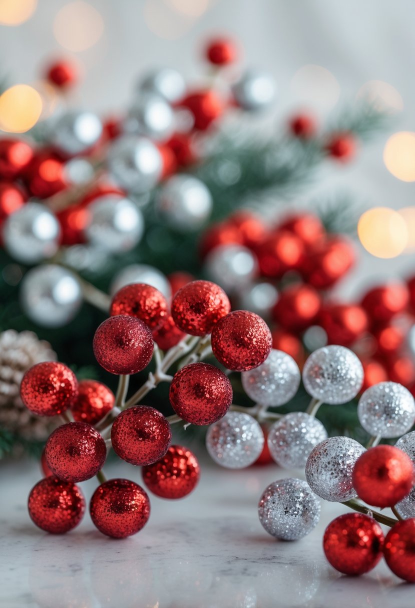 Red And Silver Christmas Tree 2025 Ideas: 22 Elegant Ways To Elevate Your Holiday Décor 7 Close-up of red and silver glittery Christmas berry stems arranged for holiday decoration.