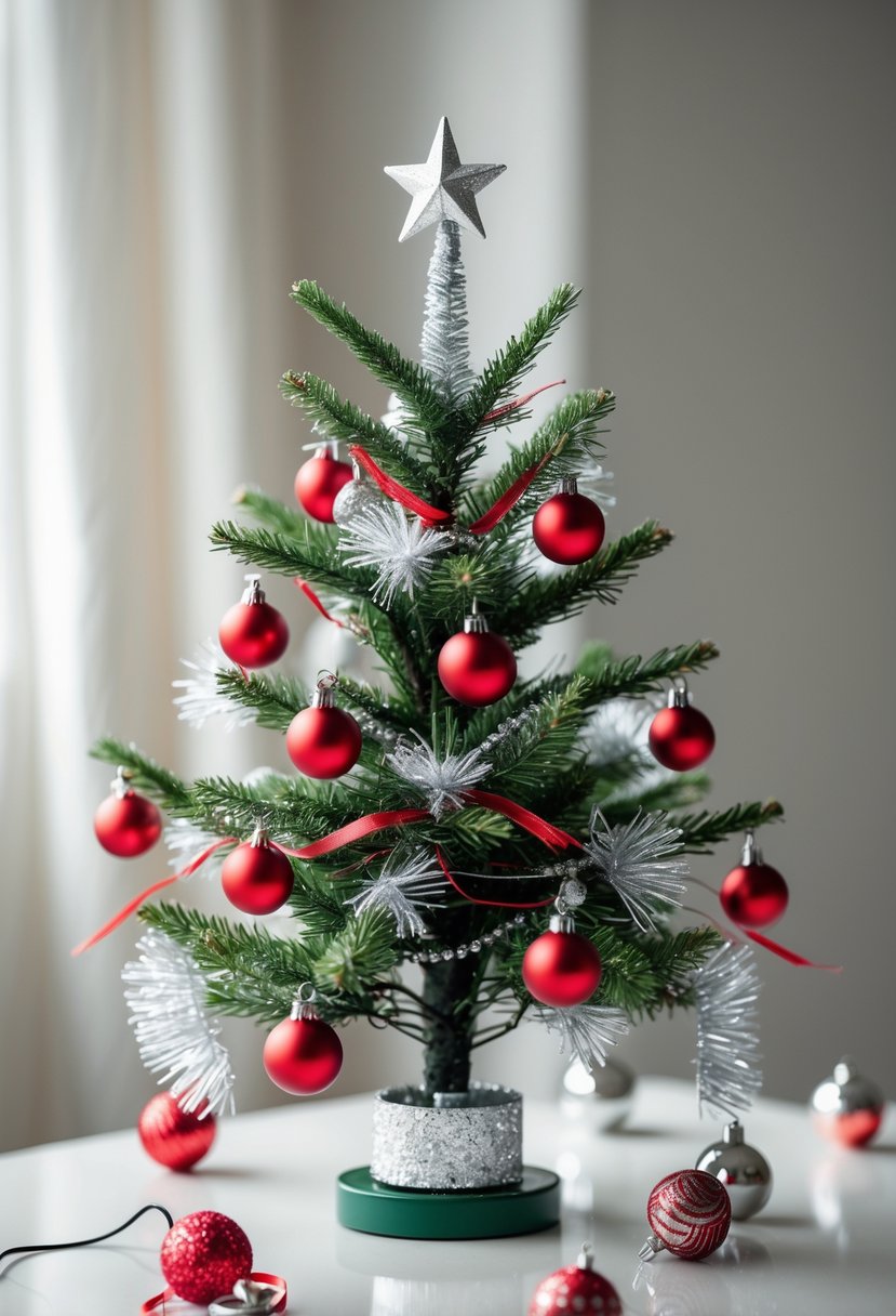 Red And Silver Christmas Tree 2025 Ideas: 22 Elegant Ways To Elevate Your Holiday Décor 9 A small tabletop Christmas tree decorated with red and silver ornaments on a white surface.