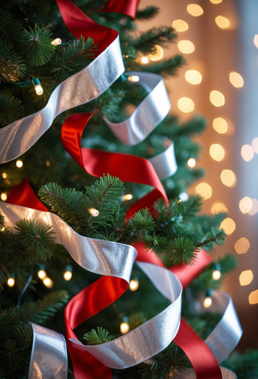 Red And Silver Christmas Tree 2025 Ideas: 22 Elegant Ways To Elevate Your Holiday Décor 10 A Christmas tree decorated with red and silver ribbon garlands and white fairy lights.