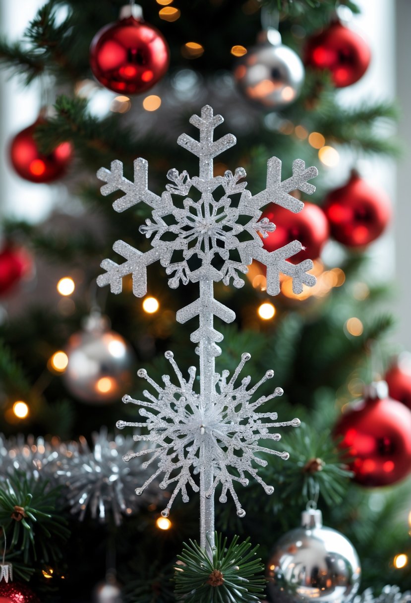 Red And Silver Christmas Tree 2025 Ideas: 22 Elegant Ways To Elevate Your Holiday Décor 11 Close-up of a silver snowflake tree topper on a Christmas tree decorated with red and silver ornaments and lights.