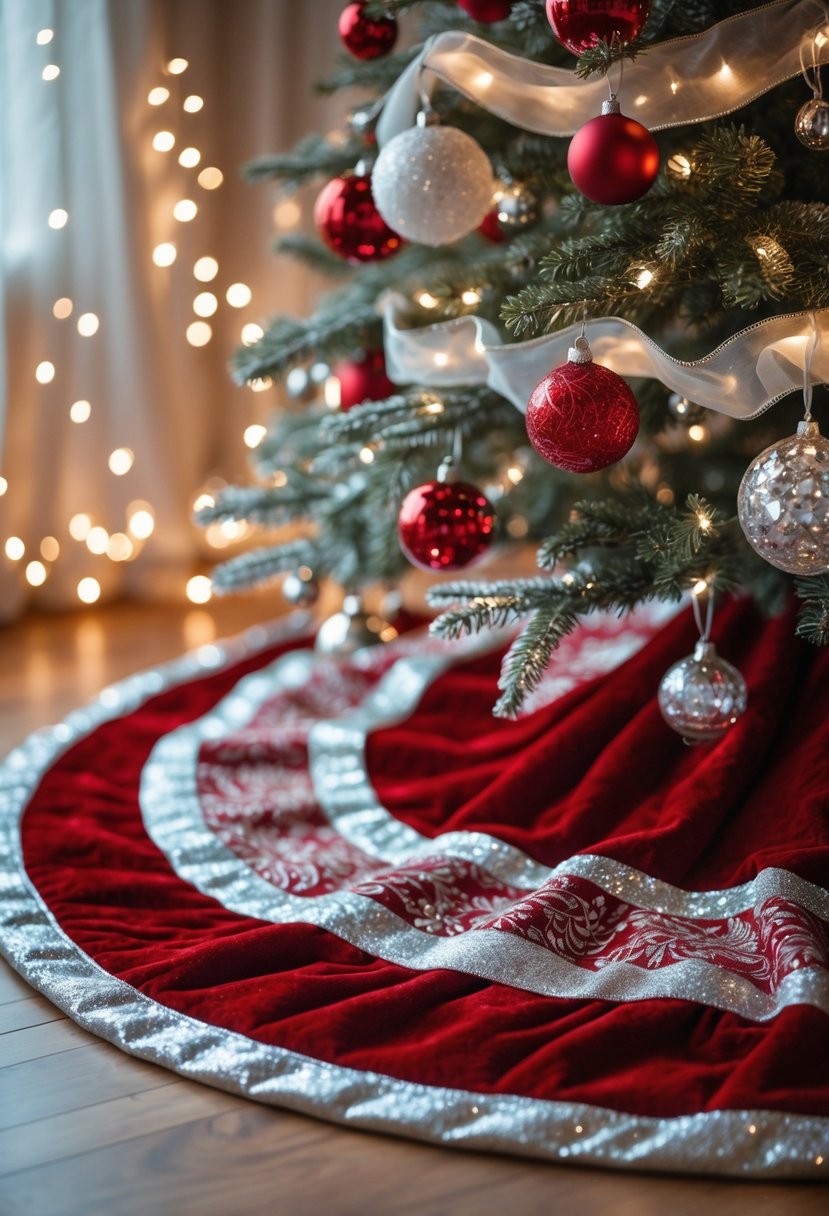 Red And Silver Christmas Tree 2025 Ideas: 22 Elegant Ways To Elevate Your Holiday Décor 12 A red plush Christmas tree skirt with silver accents around the base of a decorated Christmas tree with red and silver ornaments and lights.
