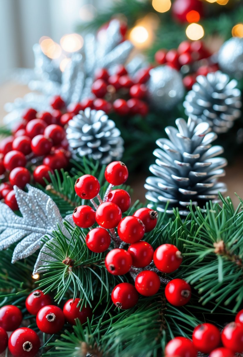 Red And Silver Christmas Tree 2025 Ideas: 22 Elegant Ways To Elevate Your Holiday Décor 13 Close-up of red and silver Christmas tree picks with pine branches arranged for holiday decoration.