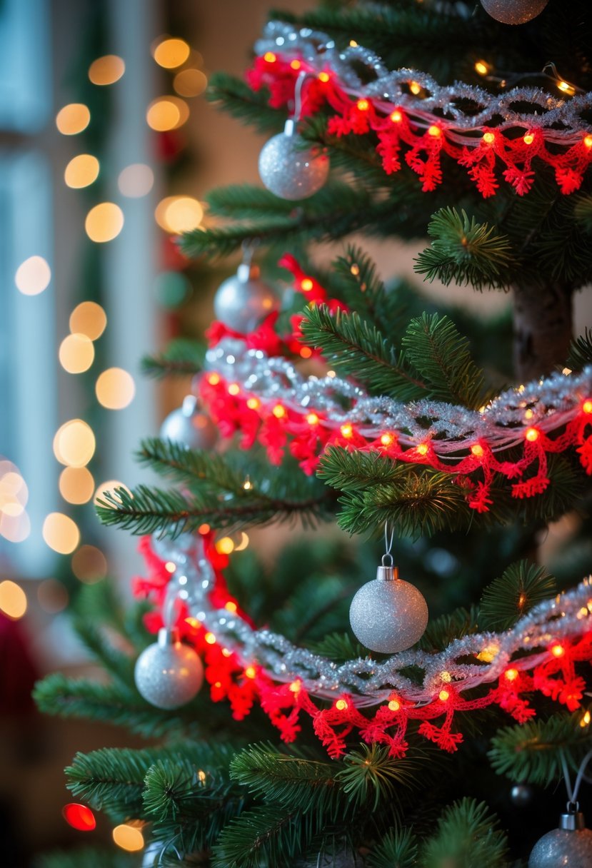 Red And Silver Christmas Tree 2025 Ideas: 22 Elegant Ways To Elevate Your Holiday Décor 14 A decorated Christmas tree with red and silver LED lights glowing on its branches.