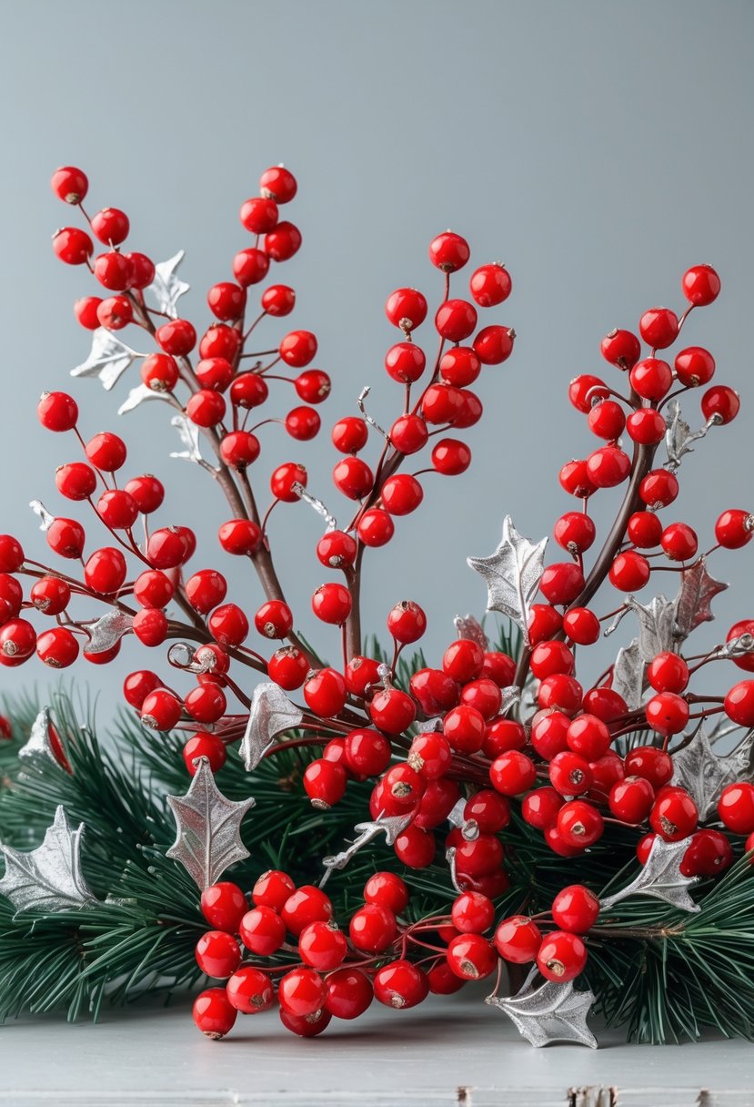 Red And Silver Christmas Tree 2025 Ideas: 22 Elegant Ways To Elevate Your Holiday Décor 15 Artificial red berry branches with silver accents arranged for Christmas tree decoration.