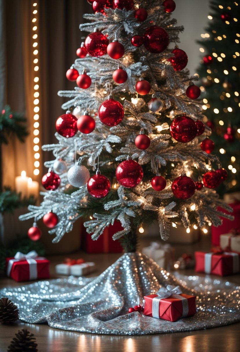 Red And Silver Christmas Tree 2025 Ideas: 22 Elegant Ways To Elevate Your Holiday Décor 16 A decorated red and silver Christmas tree with a sparkling silver sequin tree skirt surrounded by holiday decorations.