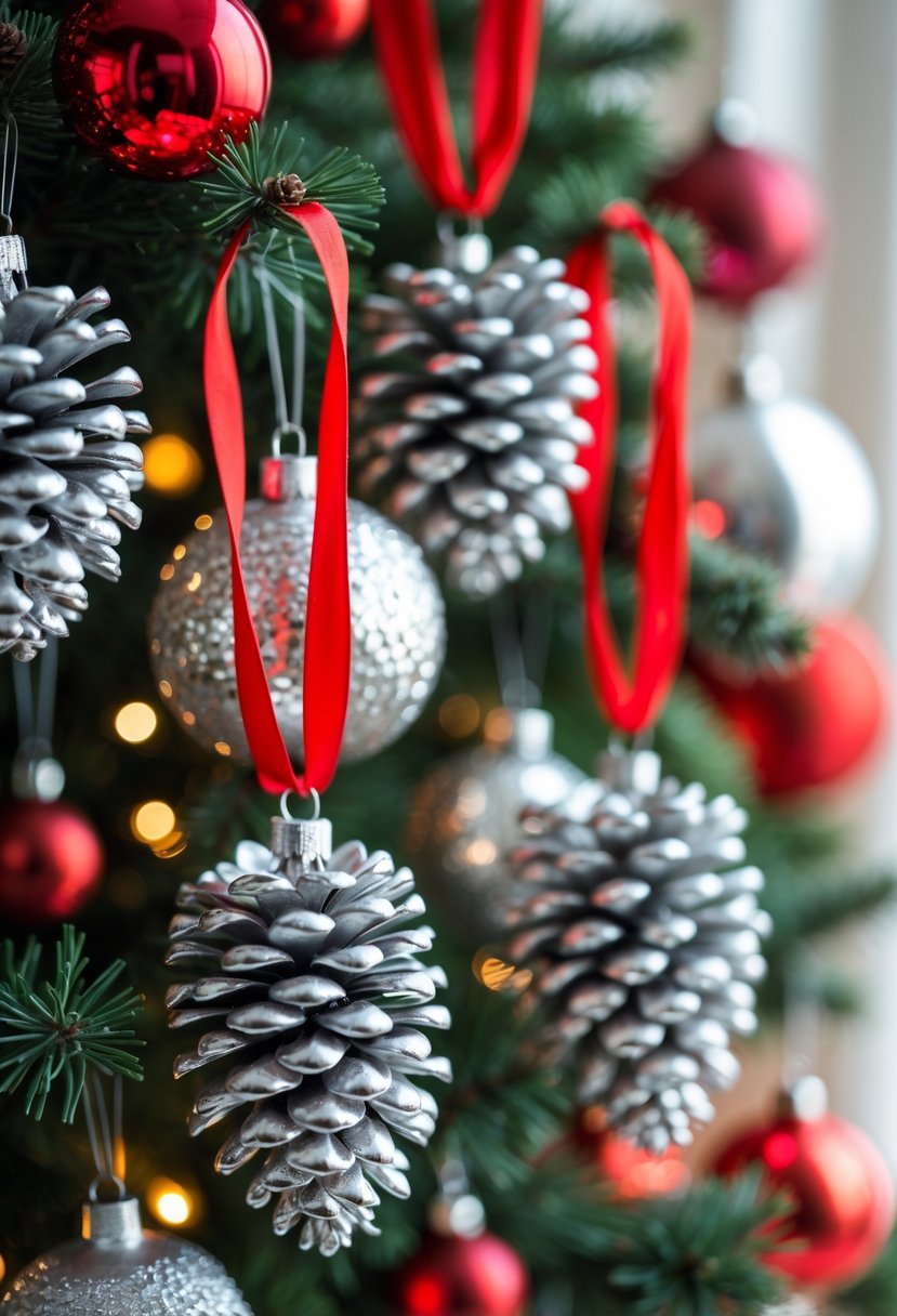 Red And Silver Christmas Tree 2025 Ideas: 22 Elegant Ways To Elevate Your Holiday Décor 18 Close-up of silver pinecone Christmas ornaments with red ribbon hangers on a decorated red and silver Christmas tree.