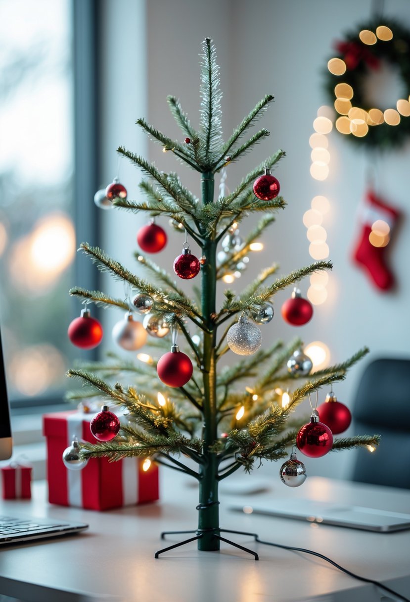 Red And Silver Christmas Tree 2025 Ideas: 22 Elegant Ways To Elevate Your Holiday Décor 19 A small decorated Christmas tree with red and silver ornaments and glowing lights sitting on a desk.